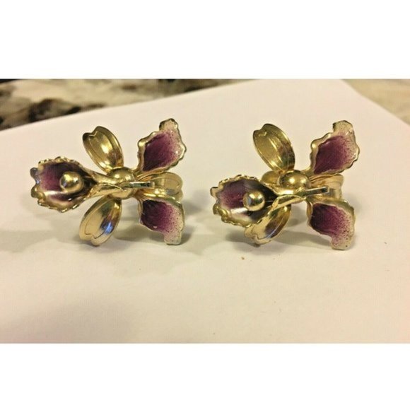 Vintage Orchid Flower Floral Purple Enamel Gold Tone ScrewOn Back Earrings Retro - Picture 1 of 4